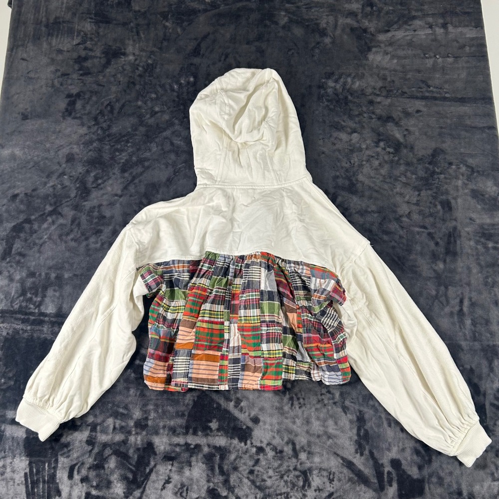 Pilcro Anthropologie Hoodie Womens Medium White Mixed Media Plaid Patchwork - Picture 6 of 7